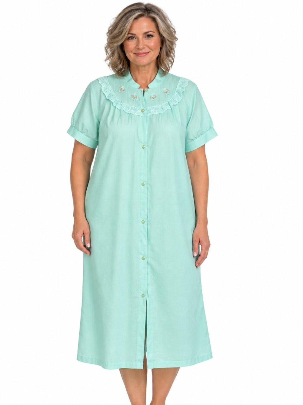 Vintage Women's Large Robe Housedress Pastal Green Button Lace Embroidery Yoke